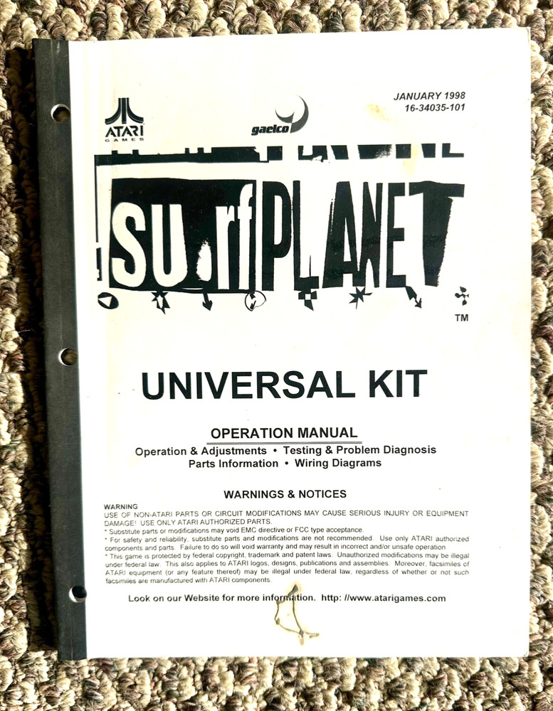 Surf Planet Video Arcade Game Universal Kit Operation Manual, Atari 1998