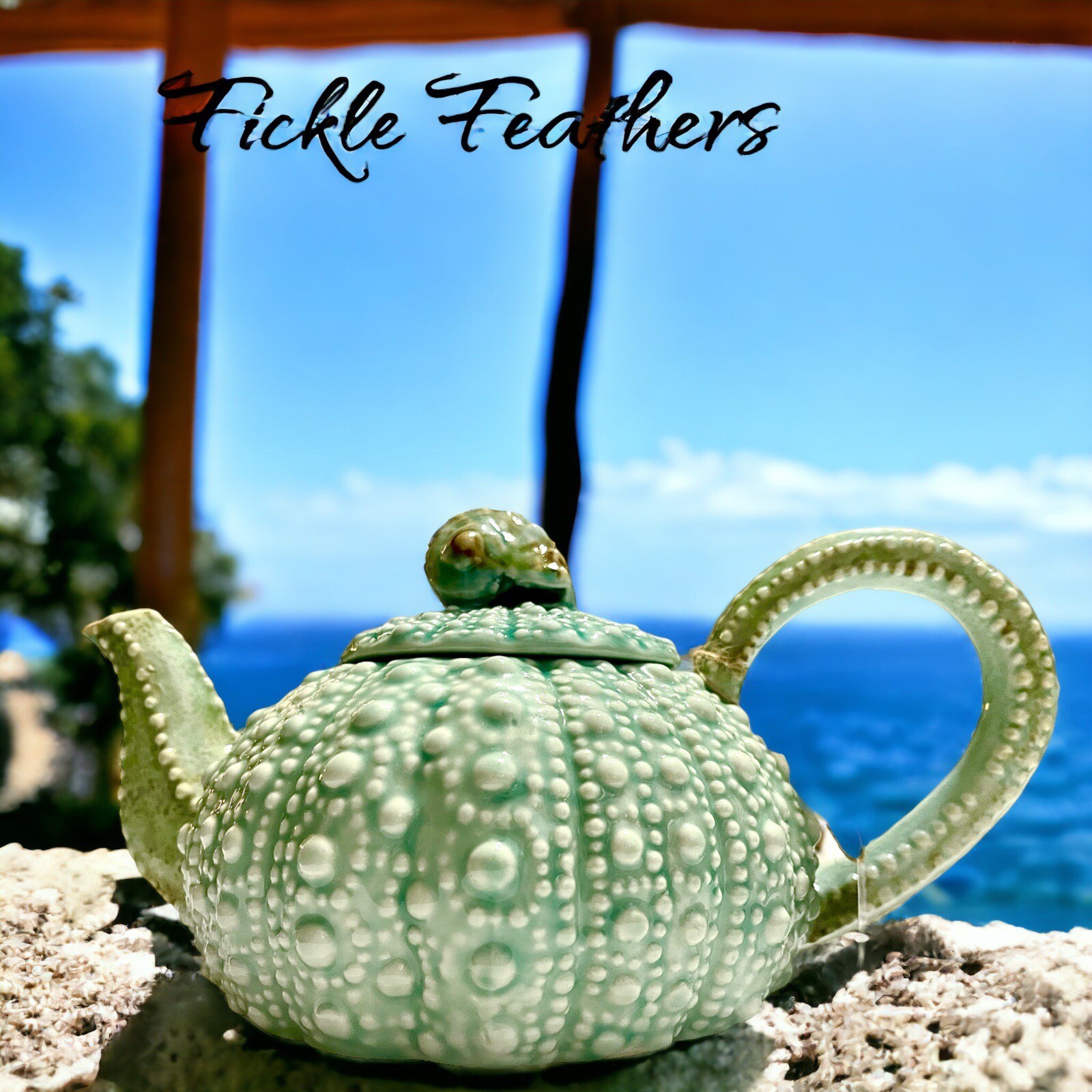 Sea Urchin Blue Sky Ceramic, Turquoise Teapot, 10.5" x 6" x 5"  NEW Beach Chic