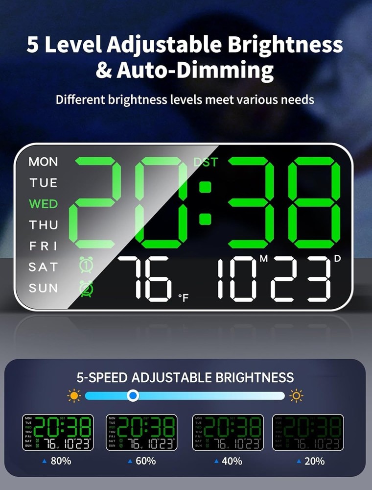8.4''Large Digital Wall Clock, Led Alarm Clock with Big Digits, Date, Tempera...