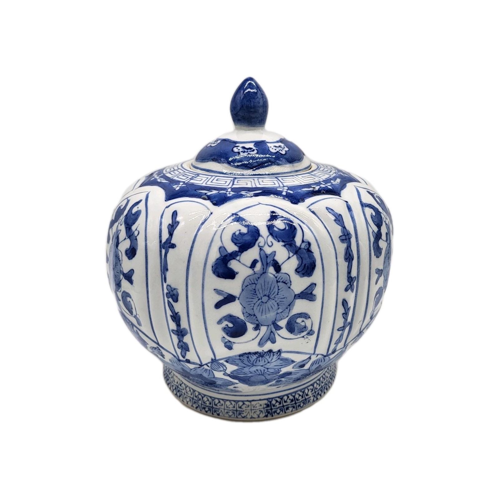 Large Pumpkin Chinoiserie Ginger Jar Blue White Floral Oriental Decor Vintage