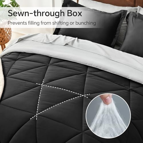 Comforter Set 7 Pieces Bed in A Bag - Soft Microfiber Reversible Queen Black