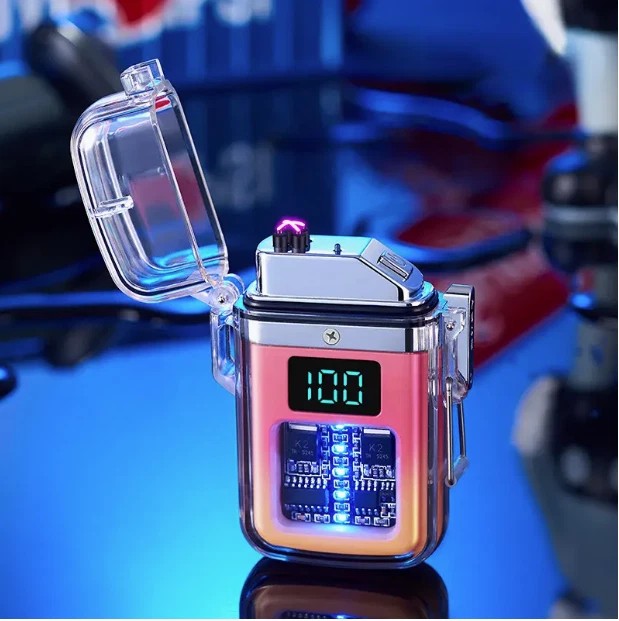 Transparent shell waterproof rechargeable pulse lighter with digital display NEW