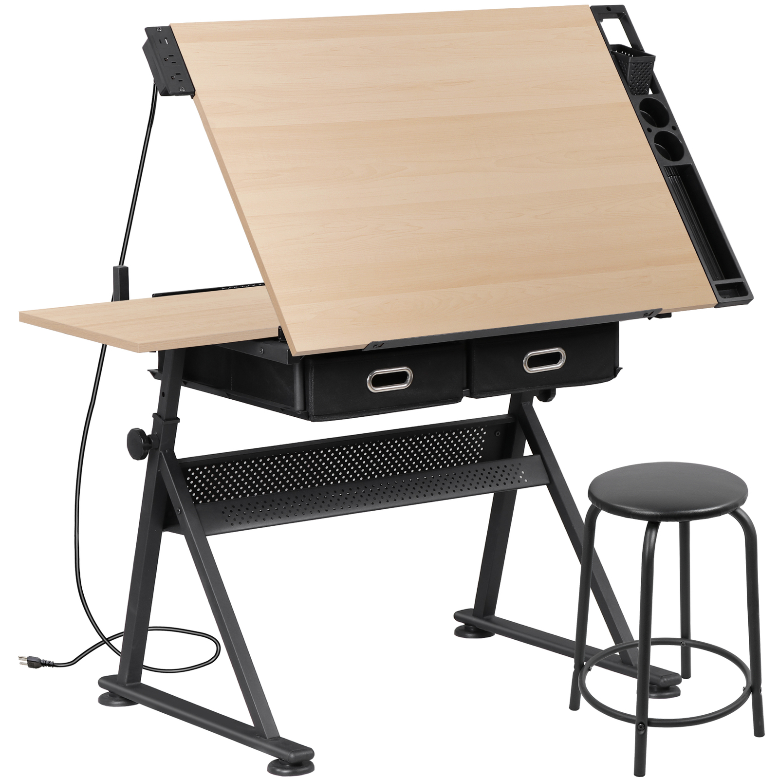 Drafting Drawing Table Adjustable Art Craft Desk w/Power Outlet & Stool Natural