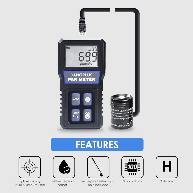 PAR Meter Waterproof IP68 Quantum Sensor PPFD Meter Data Logger for Reef Tank US