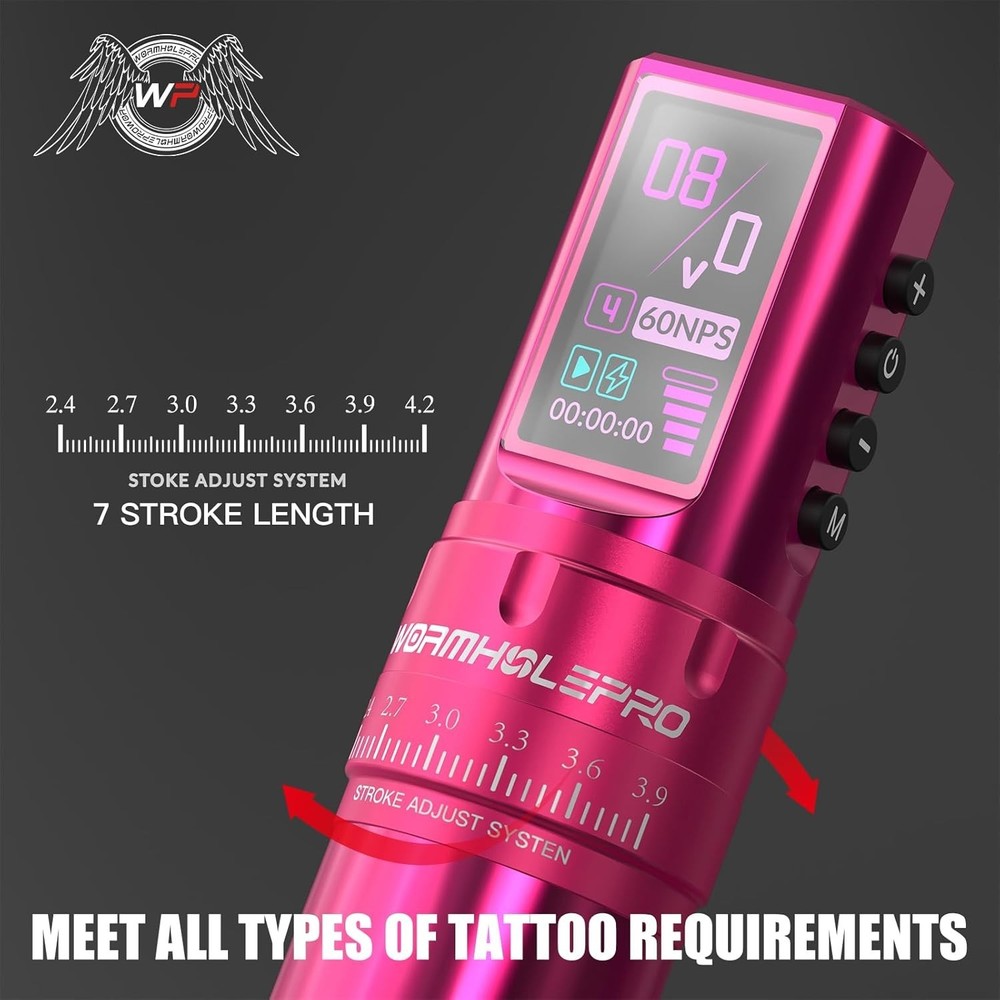 WORMHOLE PRO 7 Adjustable Stroke Cordless Tattoo Machine, Digital LED...