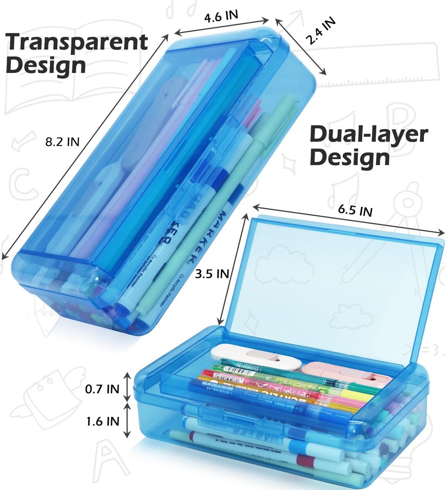 Double Layer Hard Plastic Translucent Pencil Box Blue