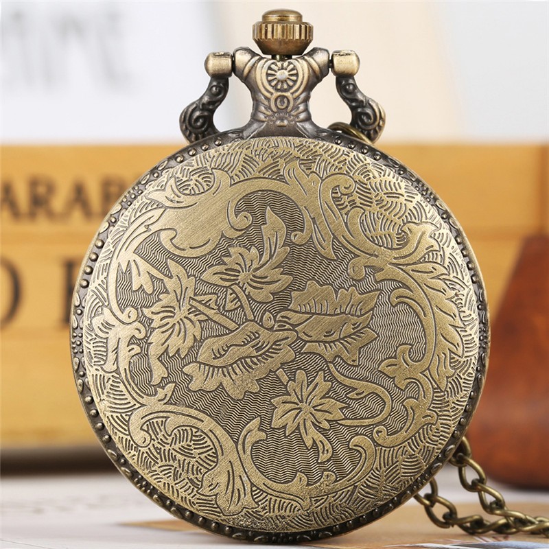Bronze Engraved Leaf Pattern Full Hunter Quartz Pocket Watch Arabic Number Dial