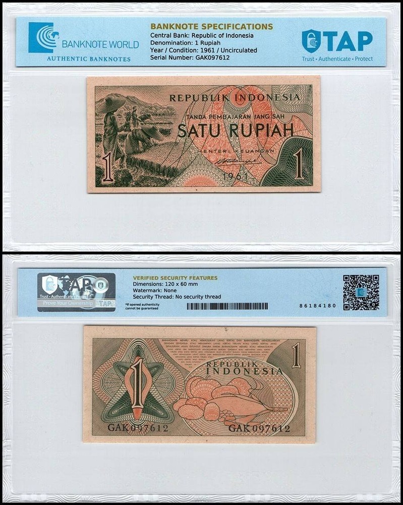 Indonesia 1 Rupiah, 1961, P-78, UNC, TAP Authenticated