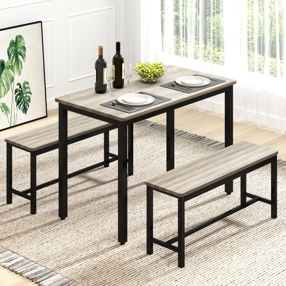 Dining Table Set for 4 with 2 Benches – Space-Saving Kitchen Table Set for Ki...