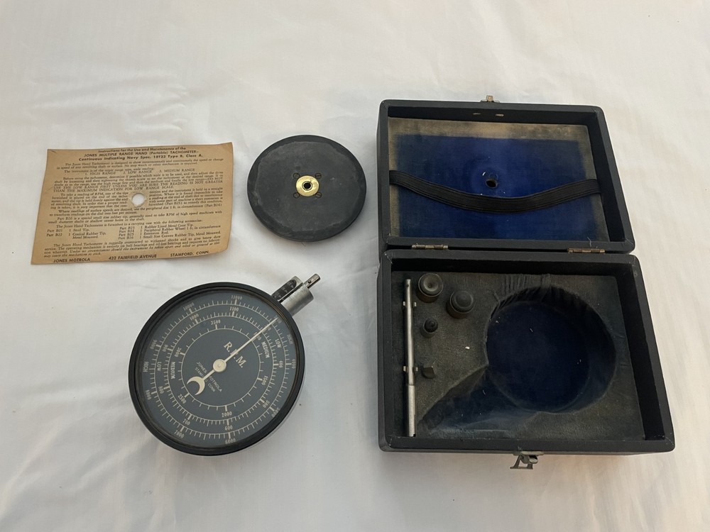 Antique Jones Motrola Multiple Range Hand Tachometer with case