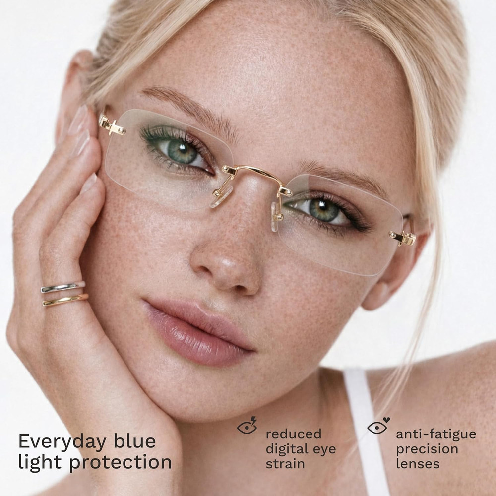 Ultra-Light Statement Glasses — Rectangular Metal Blue-Light Frames for Women