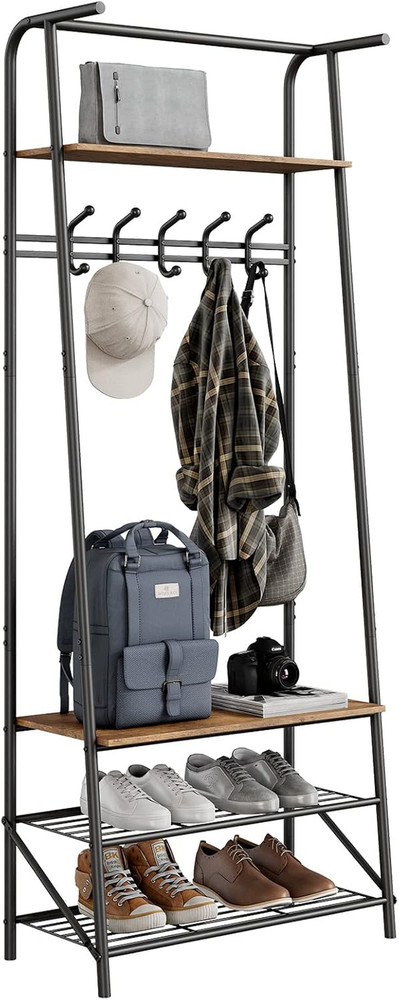 Coat Rack Shoe Bench with 5 Hooks, Hall Trees Entryway Bench with Storage, Multi