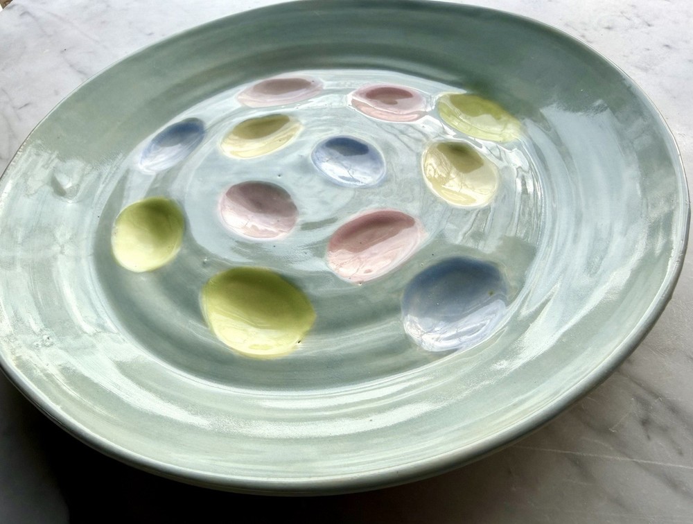 9.5” Deviled Egg Serving Dish, Handmade Pottery, Pastel Colors, Spring, Easter