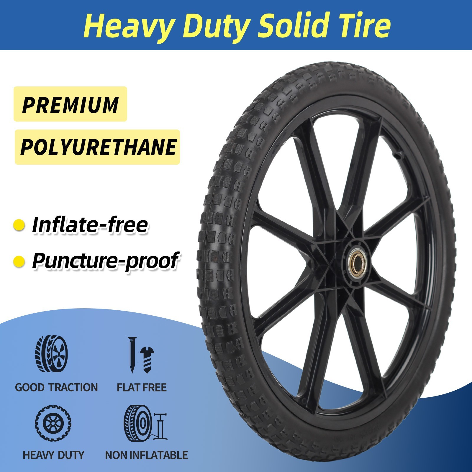 2 Set 20" Flat Free Tire & Wheel For Rubbermaid Wheelbarrow Garden Yard Cart