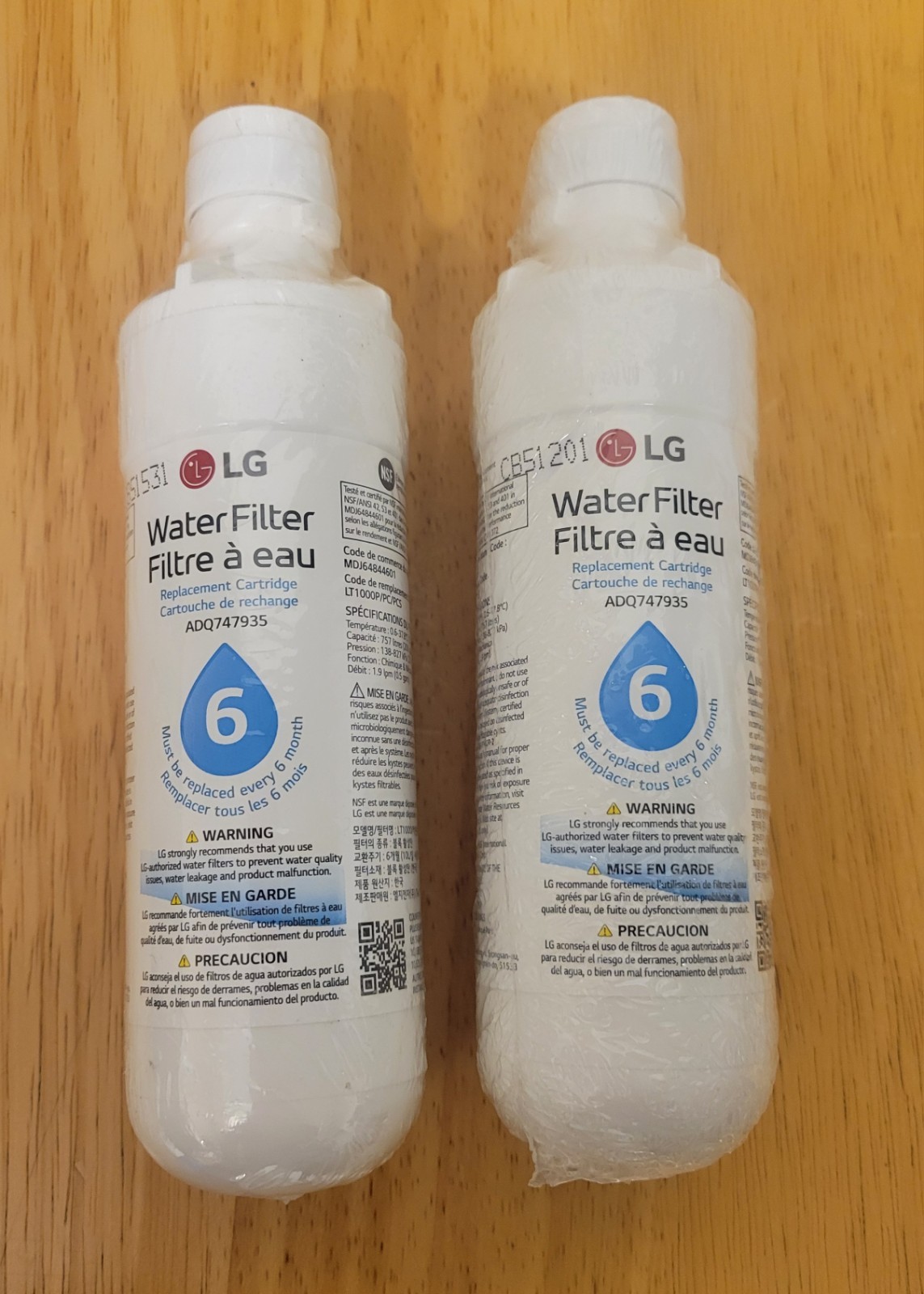 2 LG Genuine Water Filter Replacement Cartridge Refrigerator LT1000P ADQ747935