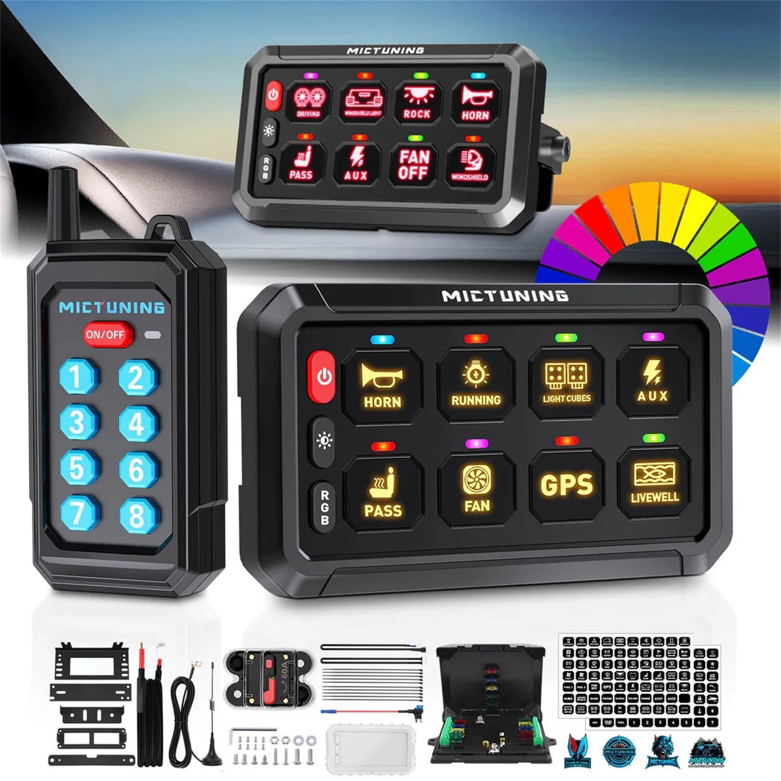 Wireless RGB 8 Gang Switch Panel ON-OFF Circuit Remote Control Relay System Kit