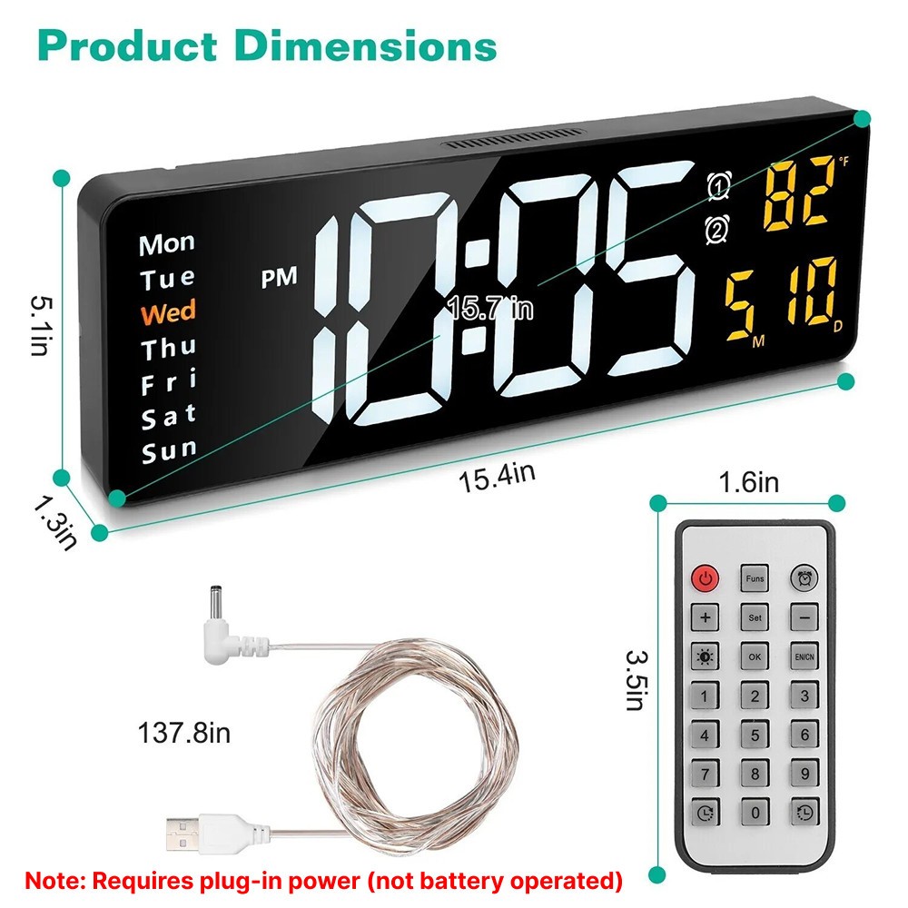 16" Digital LED Desk Alarm Clock Large LCD Display Wall Clock Remote Date Timer~