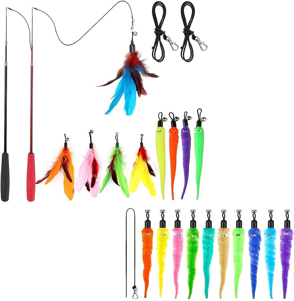 Retractable Cat Feather Wand Toys Pack and 10PCS Squiggly Worm Replacement Refil