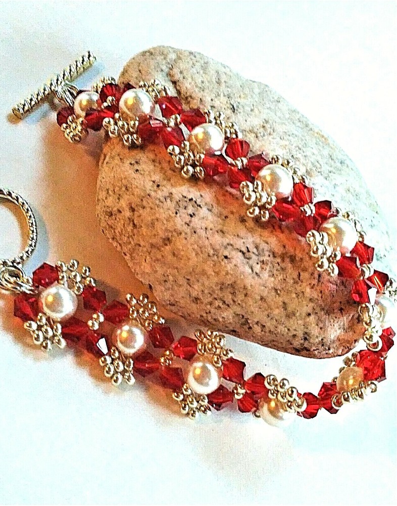 Handmade Red White Pearl Beaded Bracelet