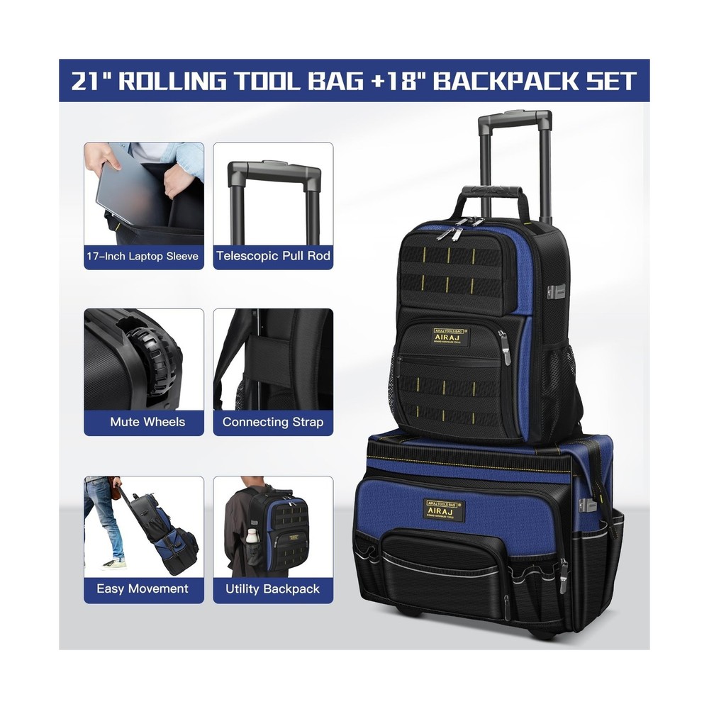 AIRAJ 21" Rolling Tool Bag with Wheels & 18" Tool Backpack Set | Adjustable T...