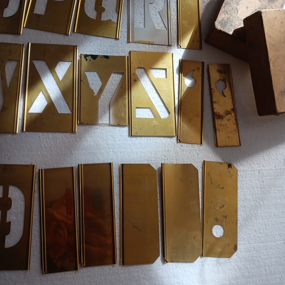 Vtg Brass Stencil Set Numbers Letters General Stencils Box Missing Letters 5”