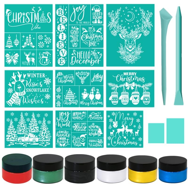 Silk Screen Stencils Christmas Chalk Paste Paint Kits 19 Pcs, Adhesive Screen...