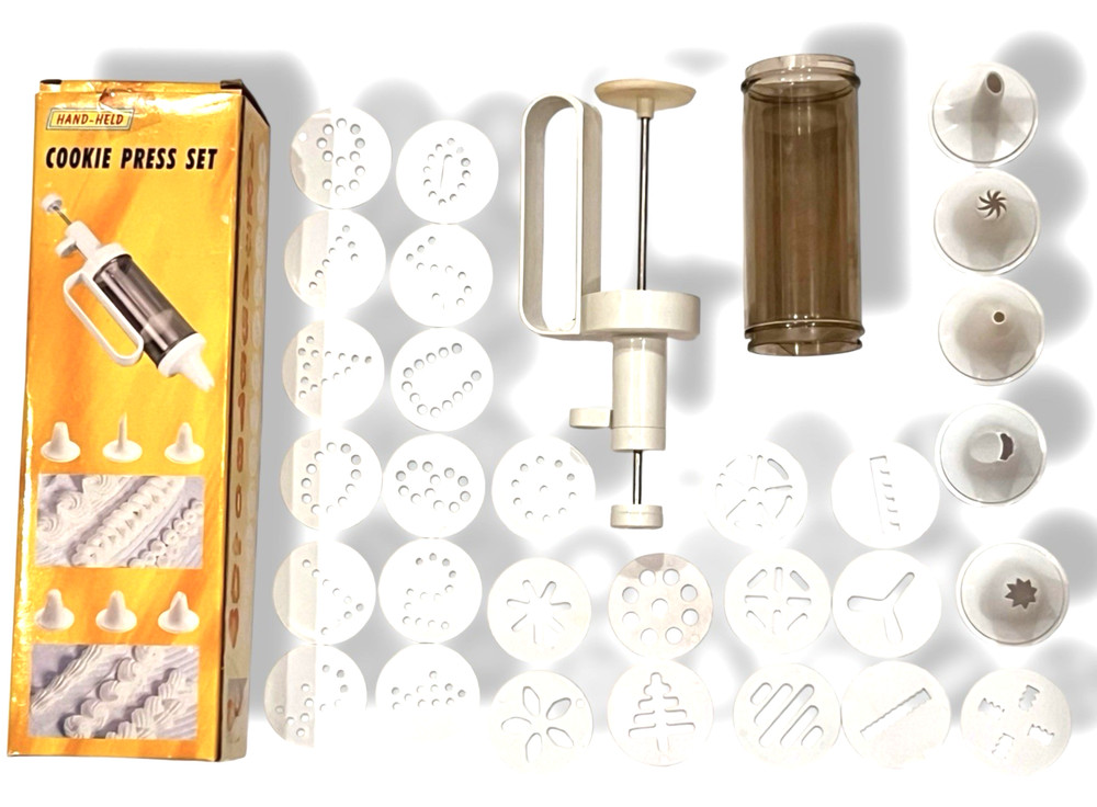 Hand Held Cookie Press Set 24 Decorating Discs 5 Nozzle Inserts Baking Holiday