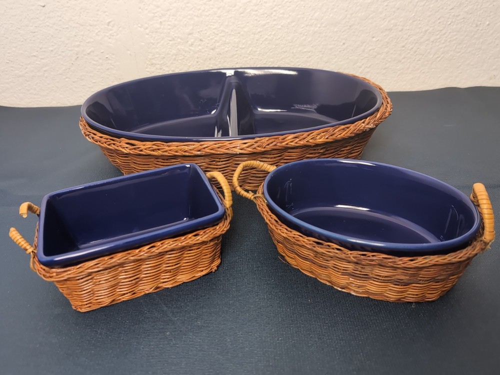 3 Pcs Temptations Blue Divided Oval Casserole & Baking Dishes~Wicker Baskets