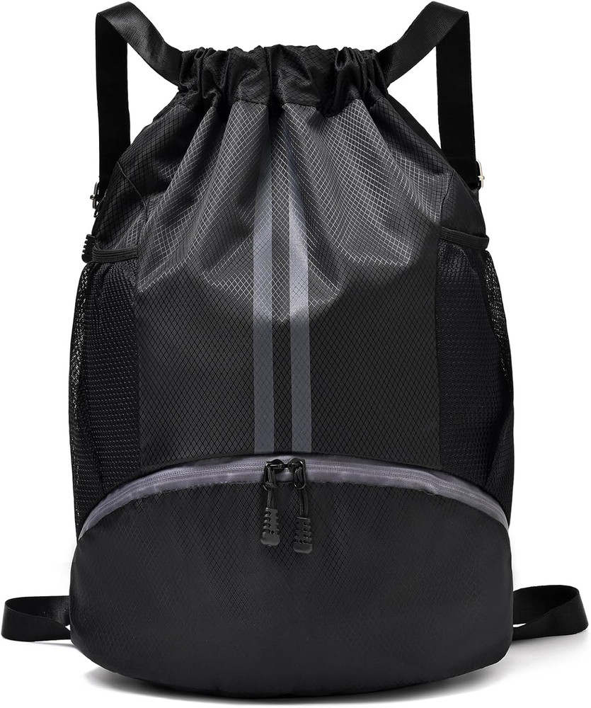 Black Drawstring Gym Bag, Waterproof Backpack with Shoes Compartment