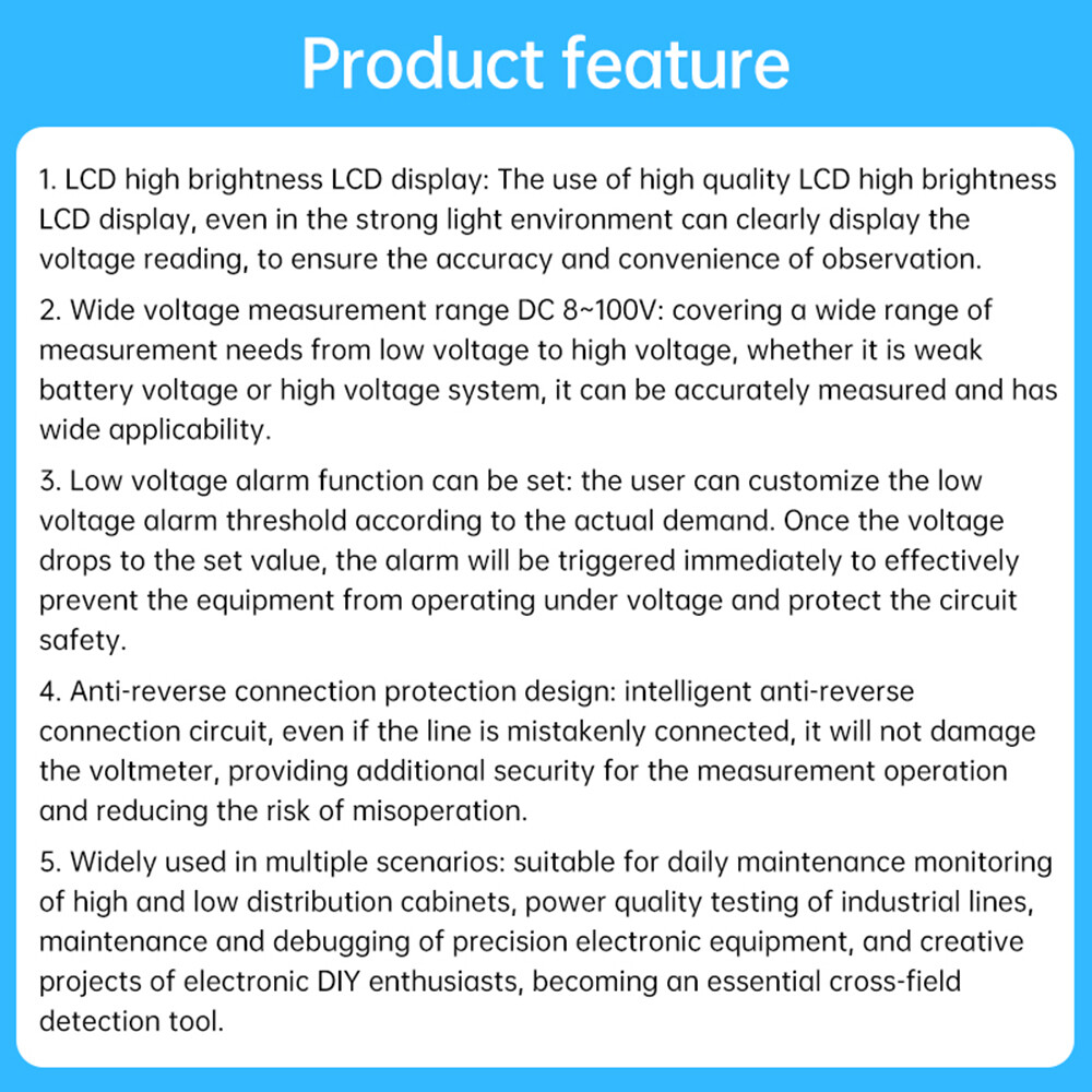 6136B High Precision LCD Battery Voltmeter Indicator Low Voltage Alarm Setting