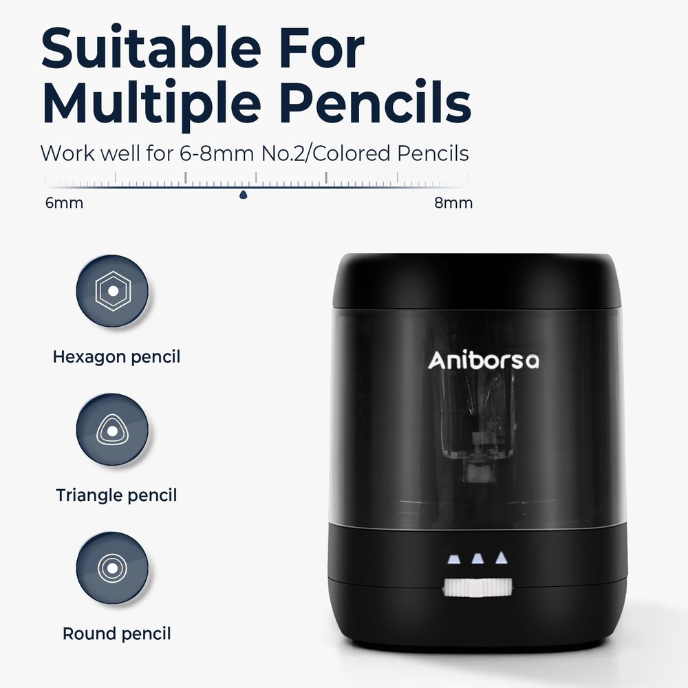 Aniborsa Electric Pencil Sharpener, USB & Battery Operated, Adjustable Black