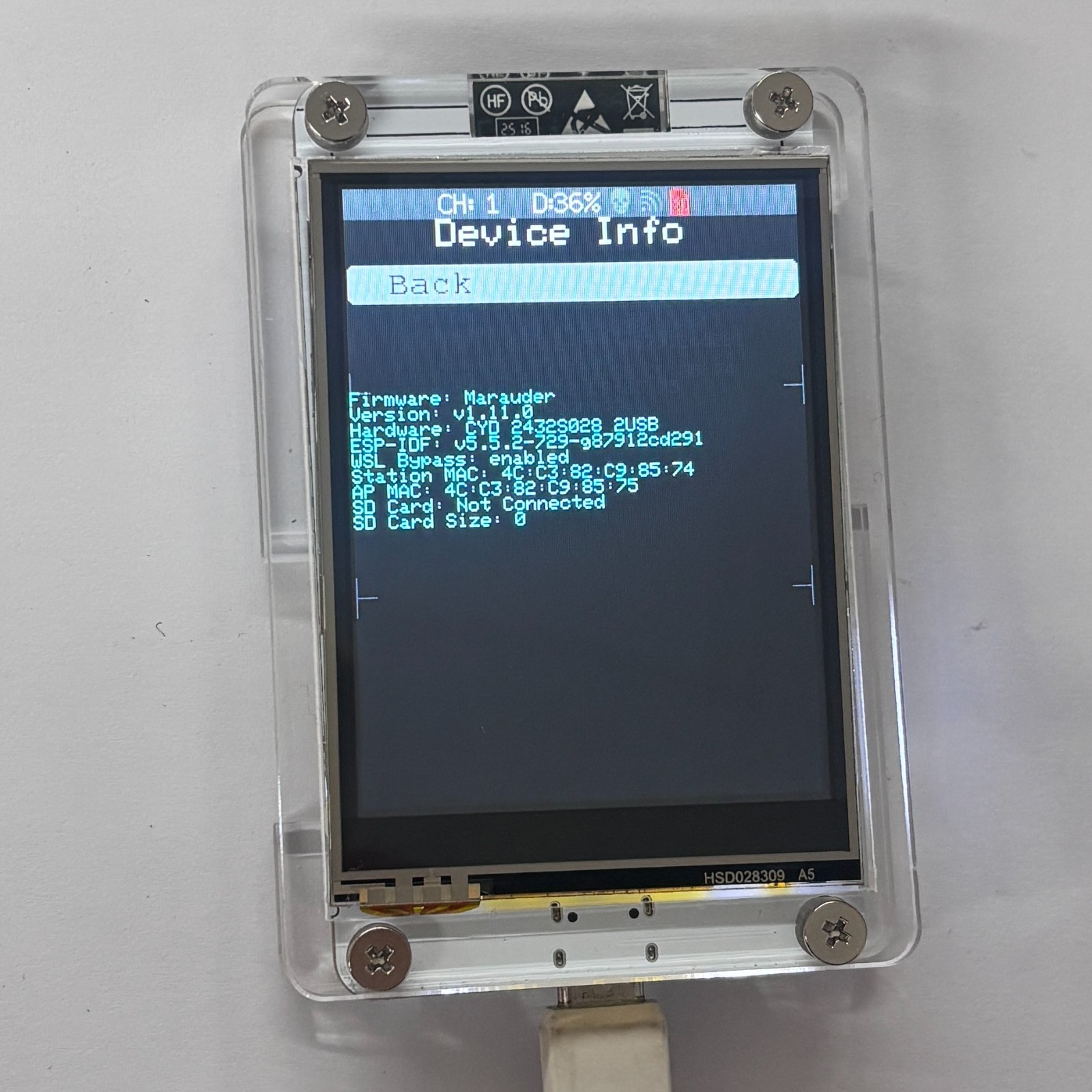 ESP32 Marauder WiFi BT Network Monitor 2.8" Touch Screen RSSI Data Readout