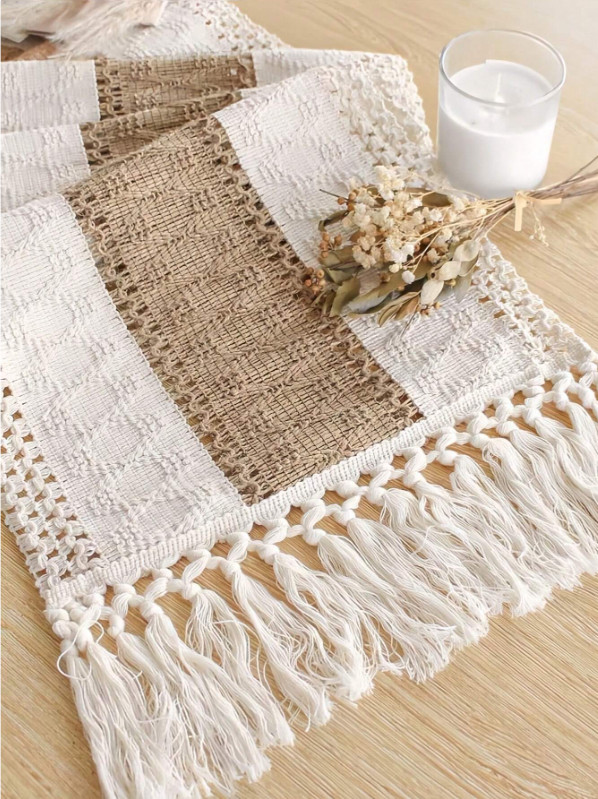 Boho Macrame Table Runner with Tassels Cream Brown Farmhouse Rustic Wedding