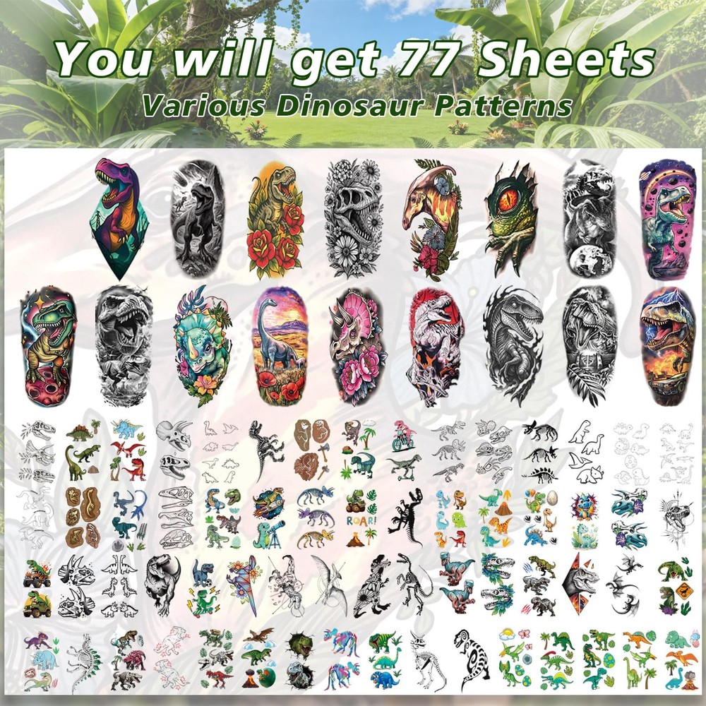 Dinosaur Tattoos for Kids,77 Sheets Tattoo Large, Small, Multicolor