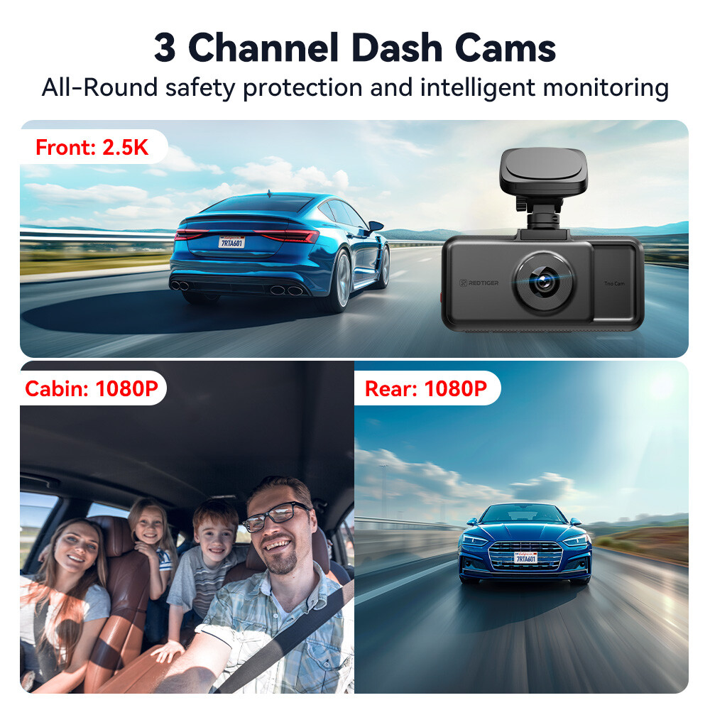 REDTIGER A6 Dash Cam 2.5K 3 Channel Dash Camera, 5.8GHz WiFi,3" Touch Screen