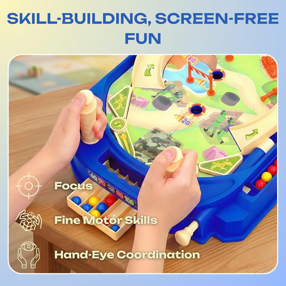 Battle Pinball Machine — Tabletop Arcade Game with Obstacles, Pull-Rod Launcher,