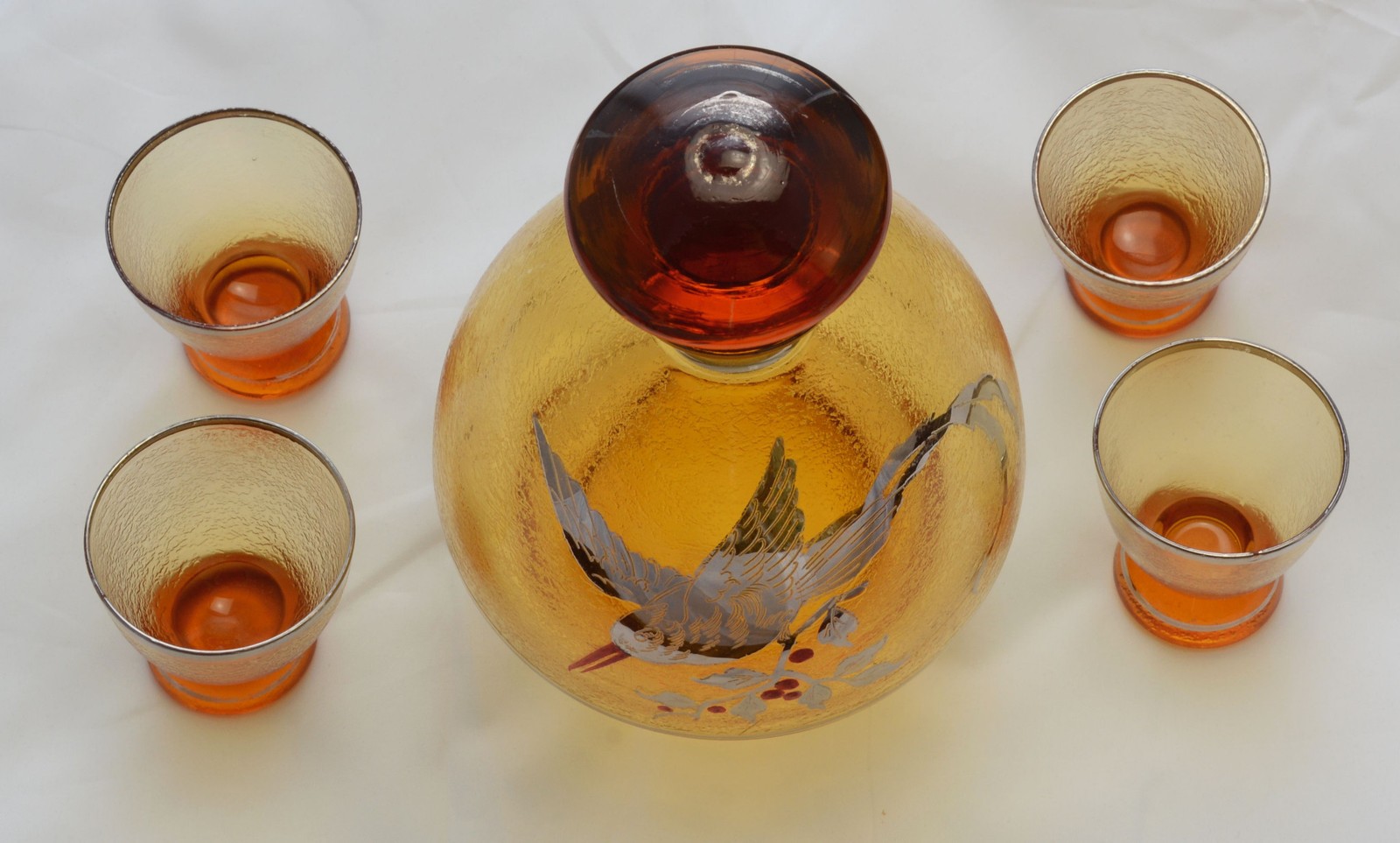 Czecho Slovakian Silver and Enameled Amber Glass Decanter Set 4 Cordials 1920s