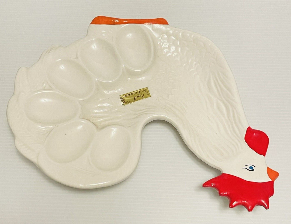 Emil Ceramic Rooster shaped egg holder serving ceramic plate.
