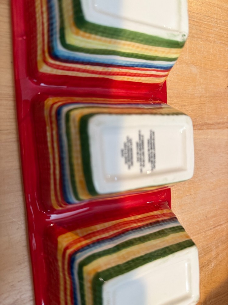 Ceramic Serving Dish/ Condiments 4 Sections 12" X 4" X 2" AVON RED STRIPED