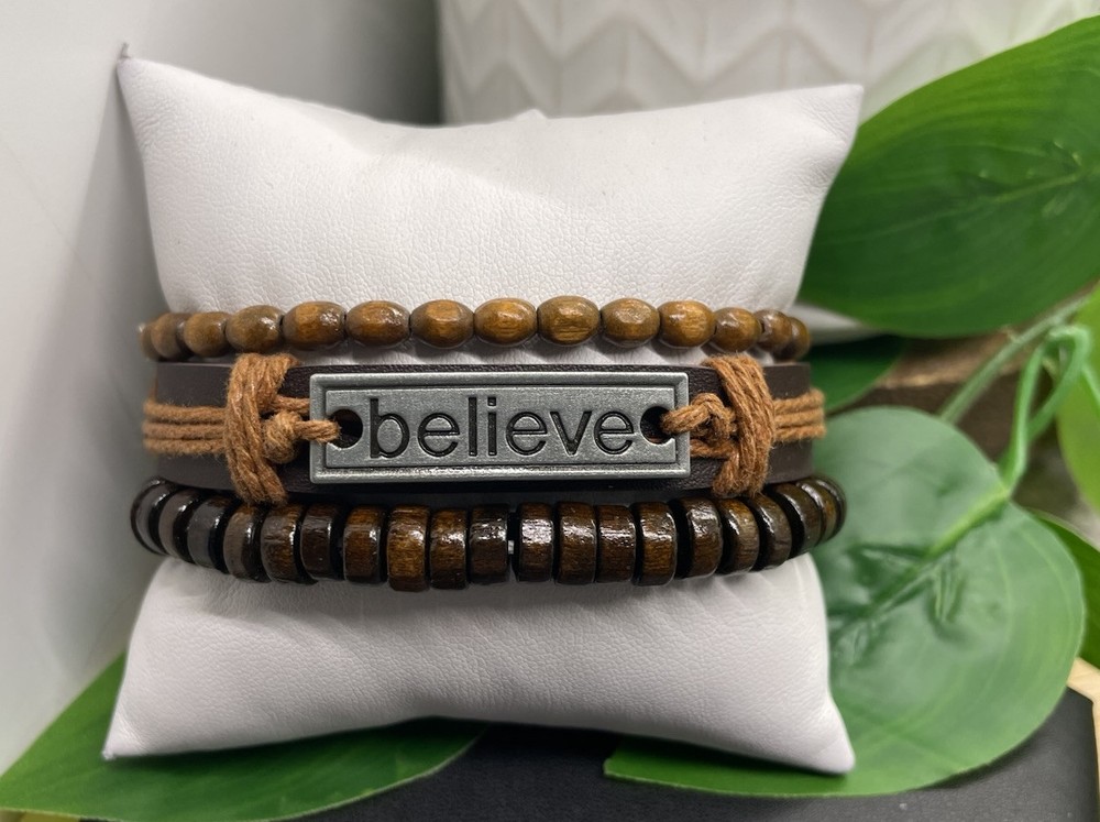 3 PC Leather Bracelet Stackable Adjustable Tie Free Ship Believe Charm B5201