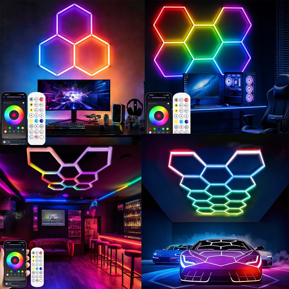 DIY RGB LED Hexagon Garage Lights Dimmable Car Detailing Shop Light for Bar Gym