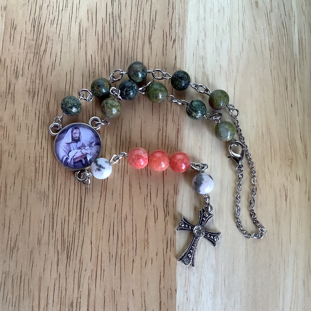 Car Rosary, Rearview Mirror Hanging Accessory, Handmade, Green & Red Stone Beads