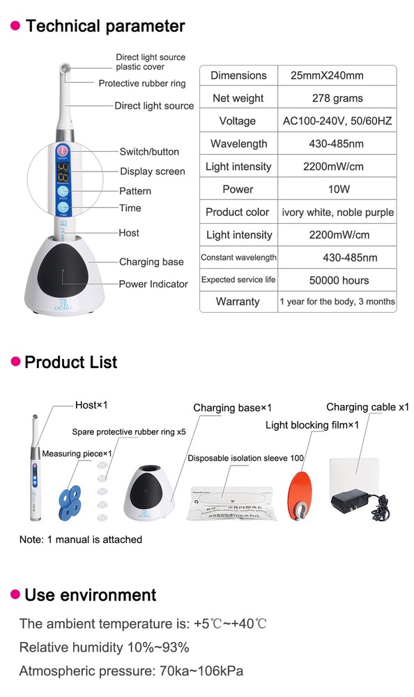 Dental Cordless iLed Type 1 Second LED Curing Light 2300mW/c㎡ Blue Light White
