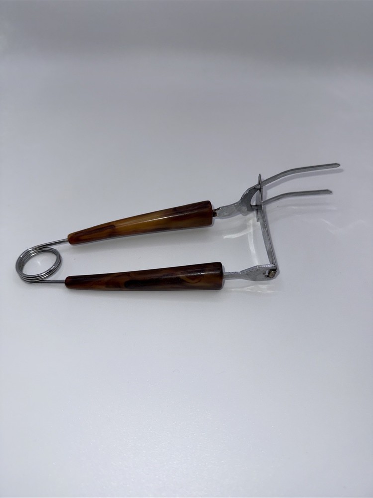 Vintage MCM Two Prong Meat Server Tool with Bakelite Tortoiseshell Handles