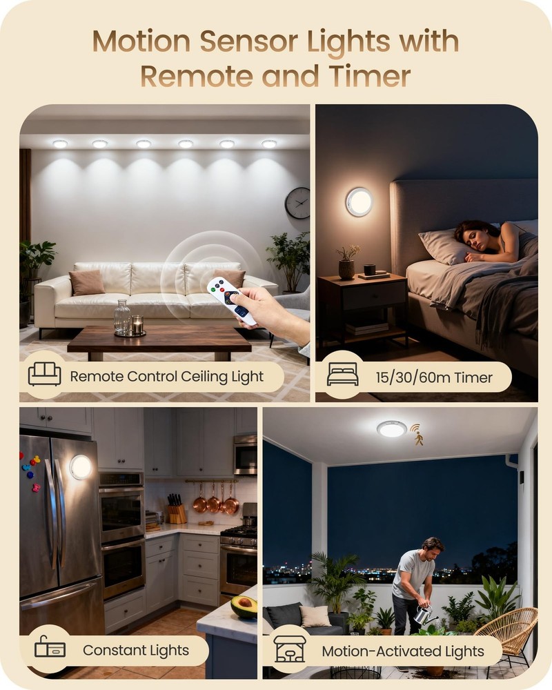 Rechargeable Motion Sensor Ceiling Light with 1 Pack, 3 Color Temperatures