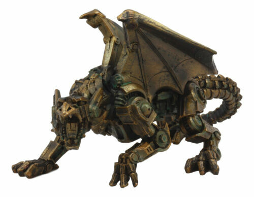 Crouching Steampunk Robotic Dragon Statue 10"L Mechanical Cyborg Dragon Beast