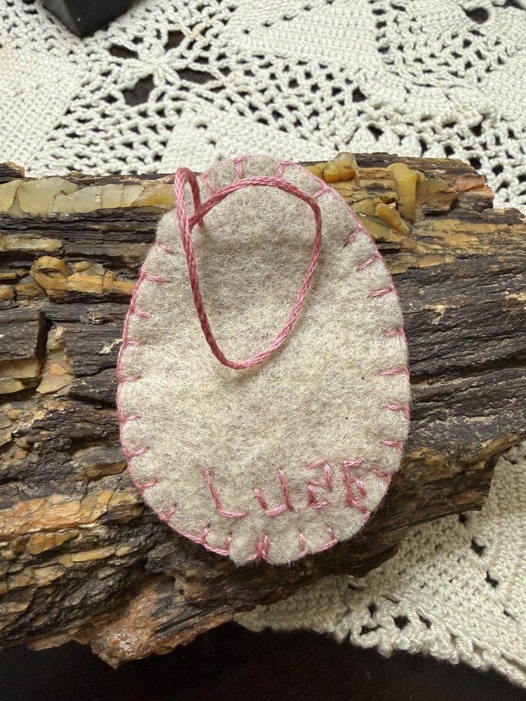 Handmade Embroidered Easter Egg Ornament Felt Geometric Pattern Yellow and Pink