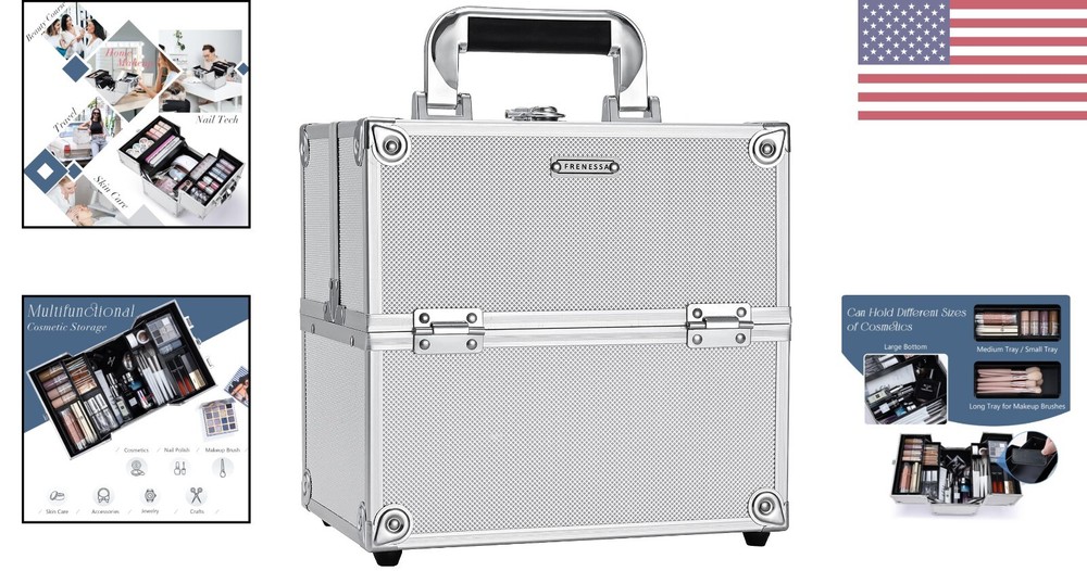 Portable Makeup Train Case with Lockable Storage - 4-Tier Trays - Bright Silver