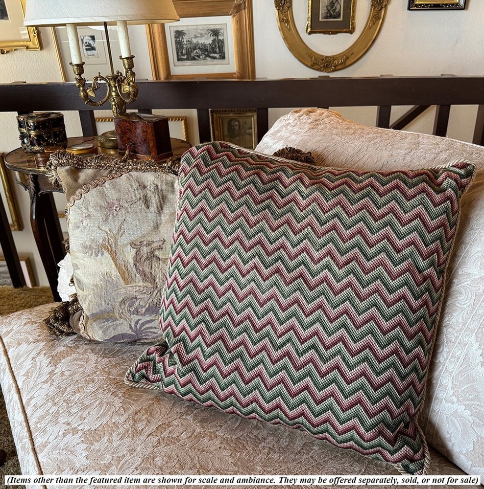 Antique British Needlepoint Topped 20" Square Throw Pillow, Down-Feather Insert