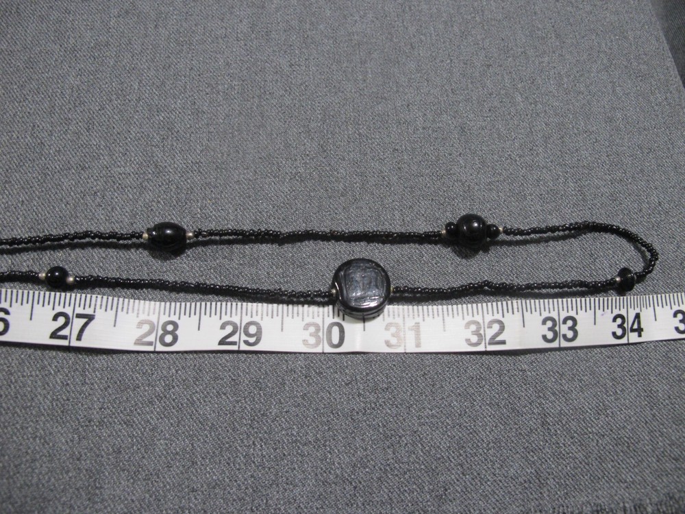 Vintage flapper style assorted black glass + tiny silvertone beaded necklace